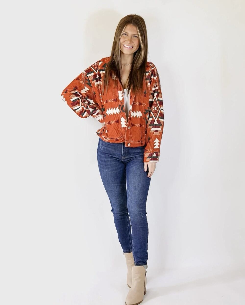 Savanna Jane Women’s L Aztec Print Jacket With Crystal Fringe Rust Western NEW